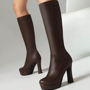 Waterproof Platform Chunky Heel Boots, Stretchy Over-The-Knee Boots